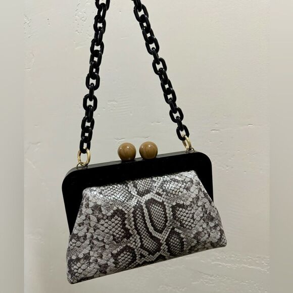 Snake Embossed Cowhide Leather Handmade Wooden Frame Clutch, Wristlet, Crossbody - Picture 12 of 16